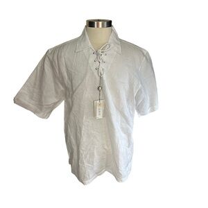 Bagazio Men White Half Tie-Up  Hand-Woven Cuffed Short Sleeve Shirt Sz XL NWT